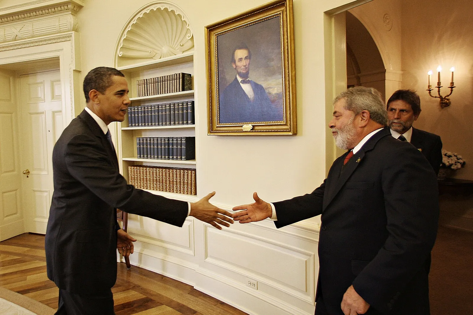 Barack Obama greets Lula during a meeting at the White House, in Washington, on March 14, 2009.