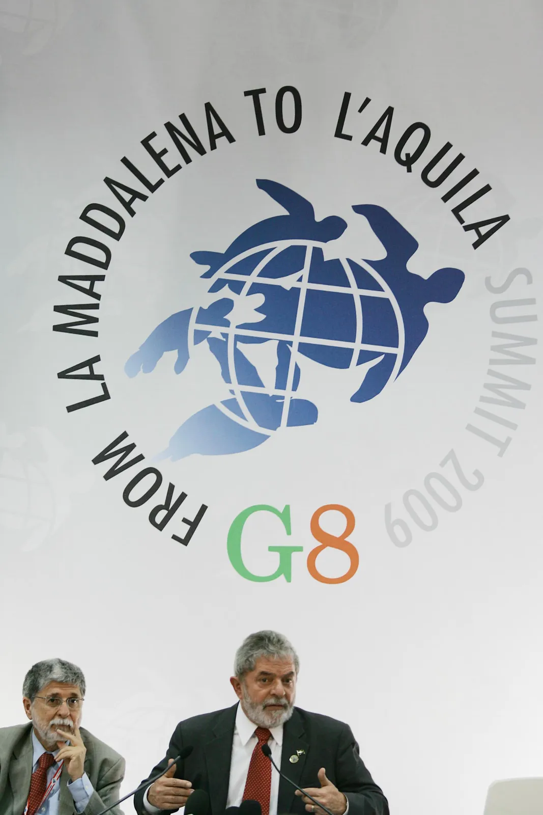 Lula at a press conference after the G8 meeting in L'Aquila, Italy, in July 2009.